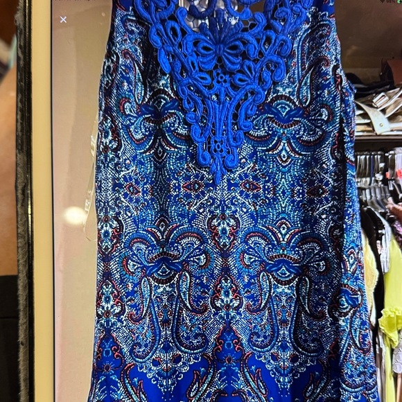 Blue Patterned Dress with Lace Detail - Picture 1 of 7